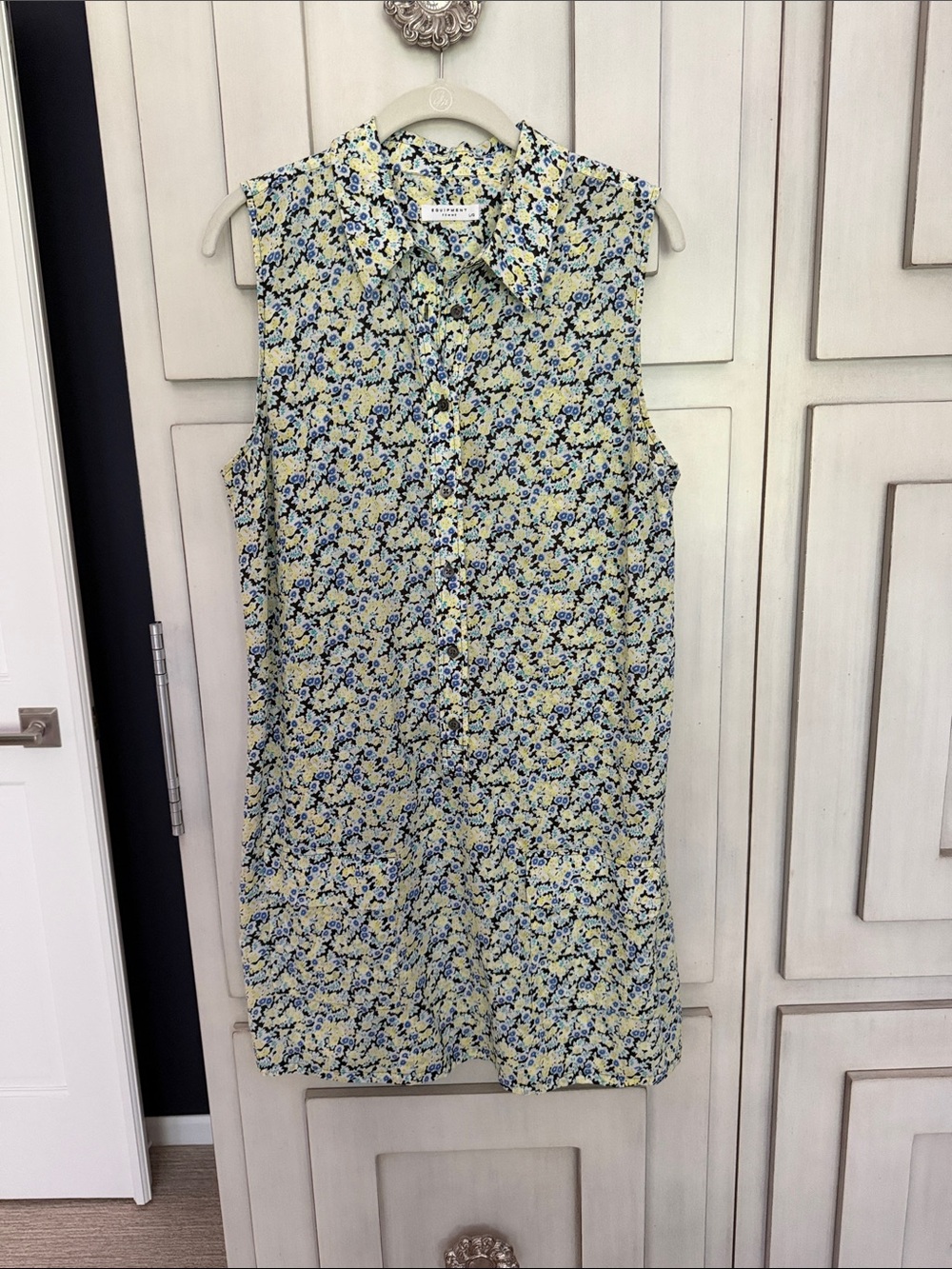 Equipment Yellow and Blue Sleeveless Button-Down Floral Dress